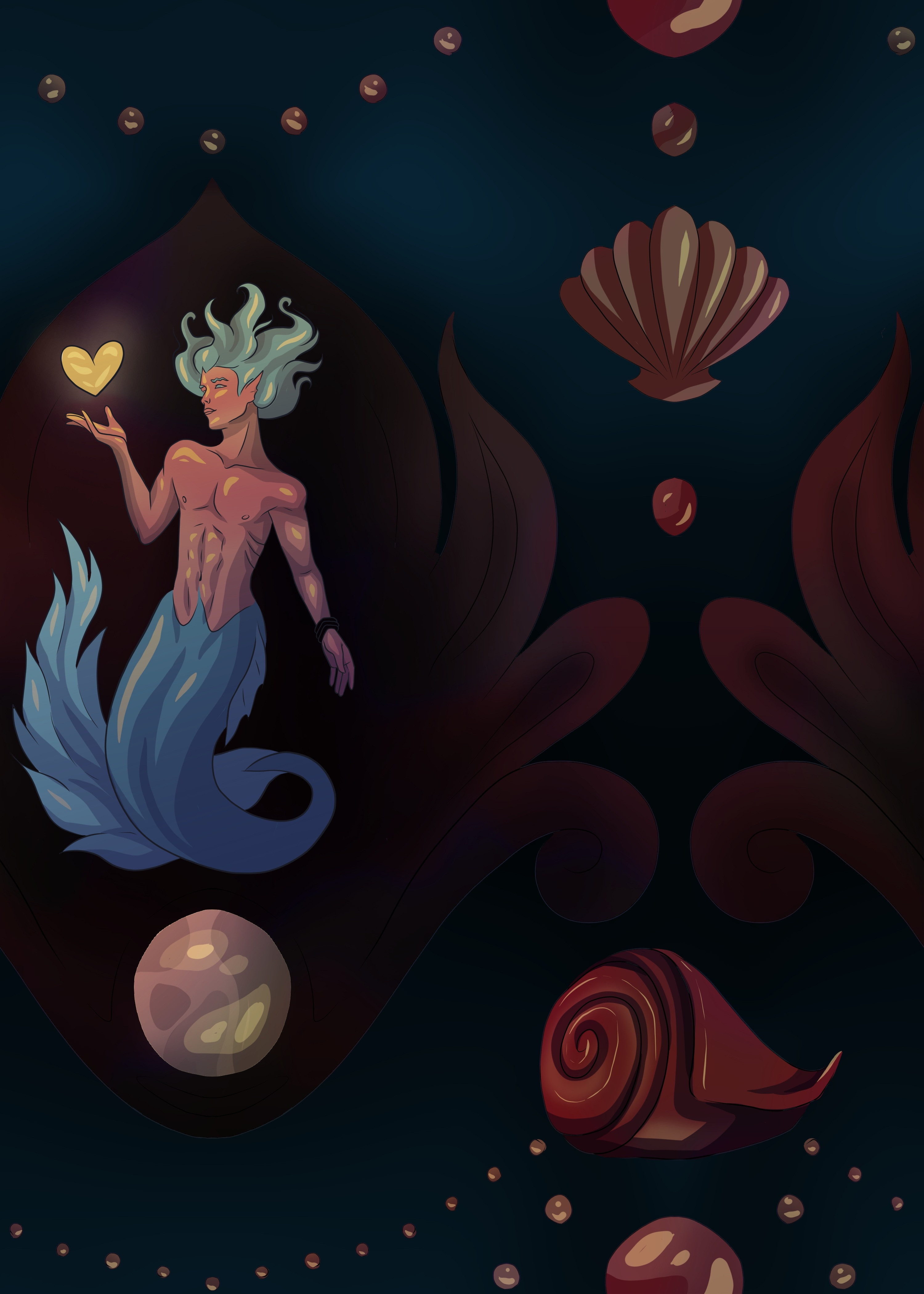Cove as a merman, underwater, holding a floating, glowing heart with a background