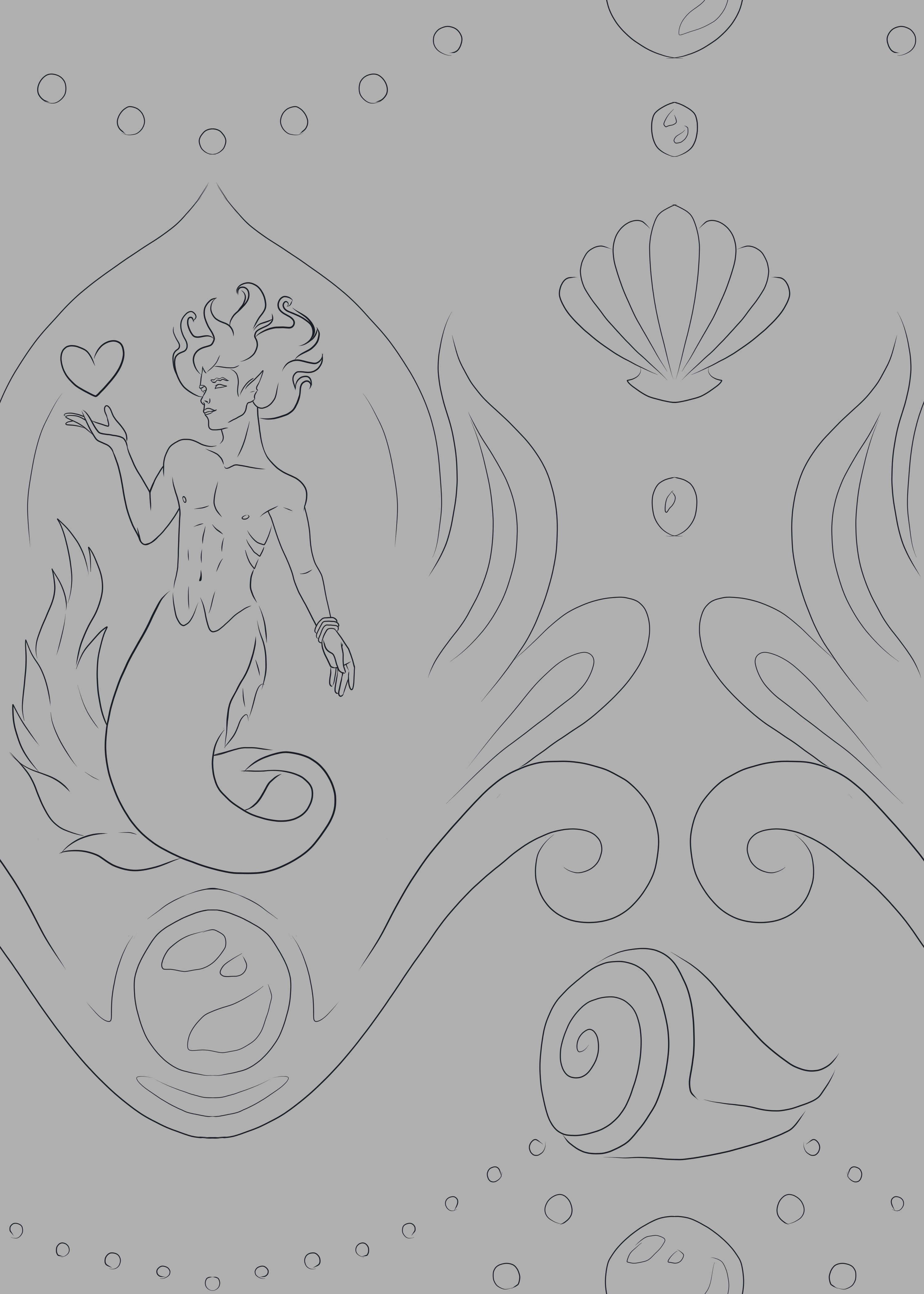 line art of Cove as a merman, underwater, holding a floating, heart