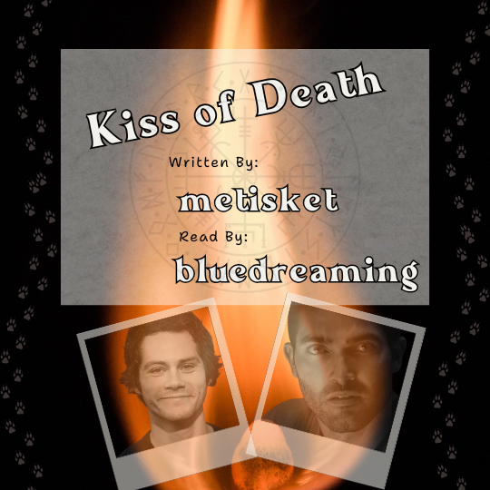 polaroids of Stiles and Derek over a warm orange flame and a superimposed circle of symbols