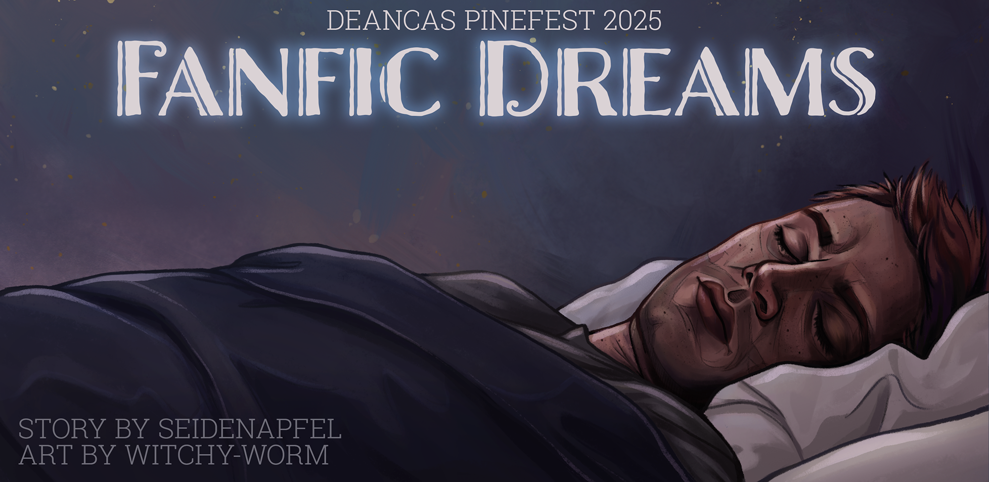 Digitally painted banner of Dean sleeping on his back. He is wearing a blue T-shirt. DeanCas Pinefest. Fanfic Dreams. Story by seidenapfel. Art by witchyworm.