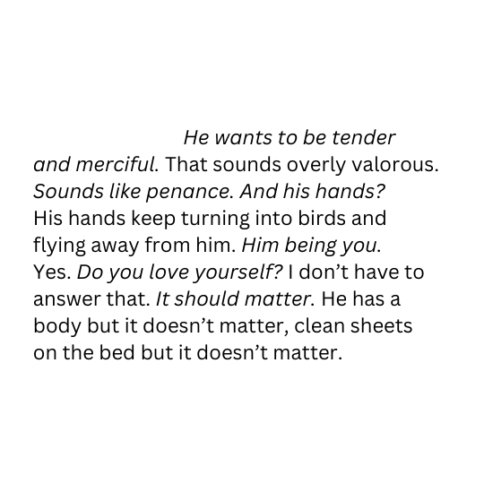 He wants to be tender and merciful. That sounds overly valorous Sounds like penance And his hands? His hands keep turning into birds and flying away from him. Him being you. Yes. Do you love yourself? I do not have to answer that. It should matter. He has a body but it does not matter clean sheets on the bed but it does not matter.
