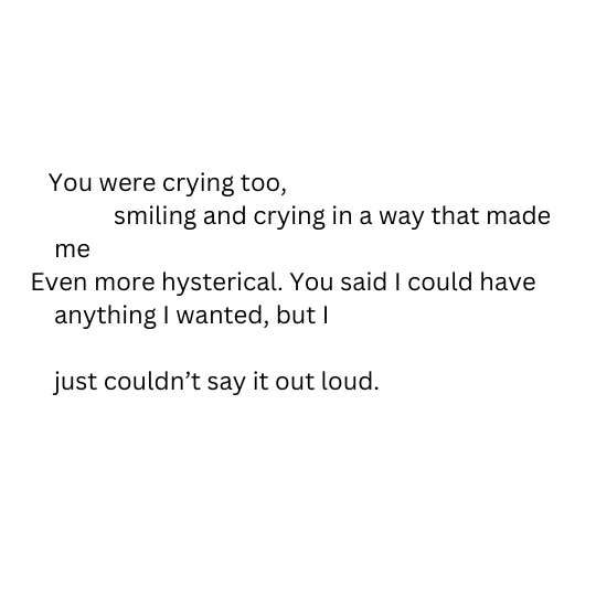 You were crying too smiling and crying in a way that made me Even more hysterical You said I could have anything I wanted but I just could not say it out loud.