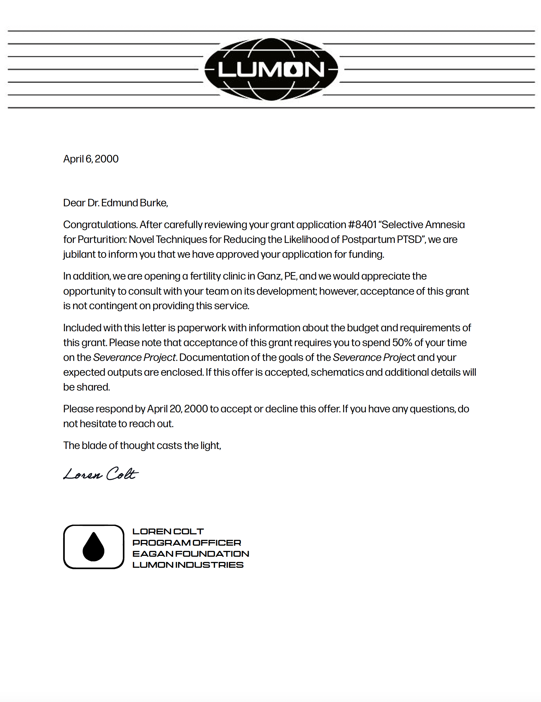 Letter sent to Dr. Edmund Burke from the Eagan Foundation at Lumon. Lumon letterhead is at the top of the letter, and a Lumon teardrop symbol at the bottom of the page near the program officer's signature.