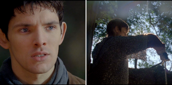 an image of Merlin staring at Arthur in awe as he pulls the sword from the stone next to an image of a side shot of Arthur backlit by sunlight as he begins to pull the sword from the stone.