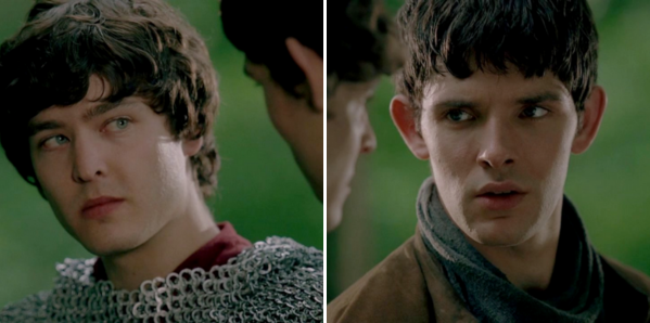 an image of Mordred staring at Merlin seriously as they bury the body of a druid next to an image of Merlin staring at Mordred both seriously and suspiciously as they bury the body of a druid.