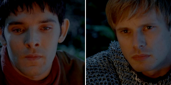 an image of Merlin staring into the fire looking very sad and serious in The Disir episode next to an image of Arthur staring at Merlin over the fire also looking sad and serious during the Disir episode.