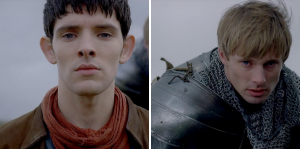 a close up shot of Merlin looking very pale and deadly and resigned after he uses his magic to defeat the bandits in front of Arthur during the last episode next to an image of Arthur watching Merlin defeat the bandits looking pale and kind of betrayed and shocked