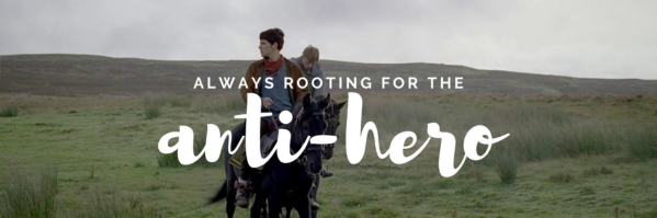 a zoomed out shot of Arthur and Merlin both on horses Merlin is leading Arthurs horse the text on the image reads always rooting for the anti-hero