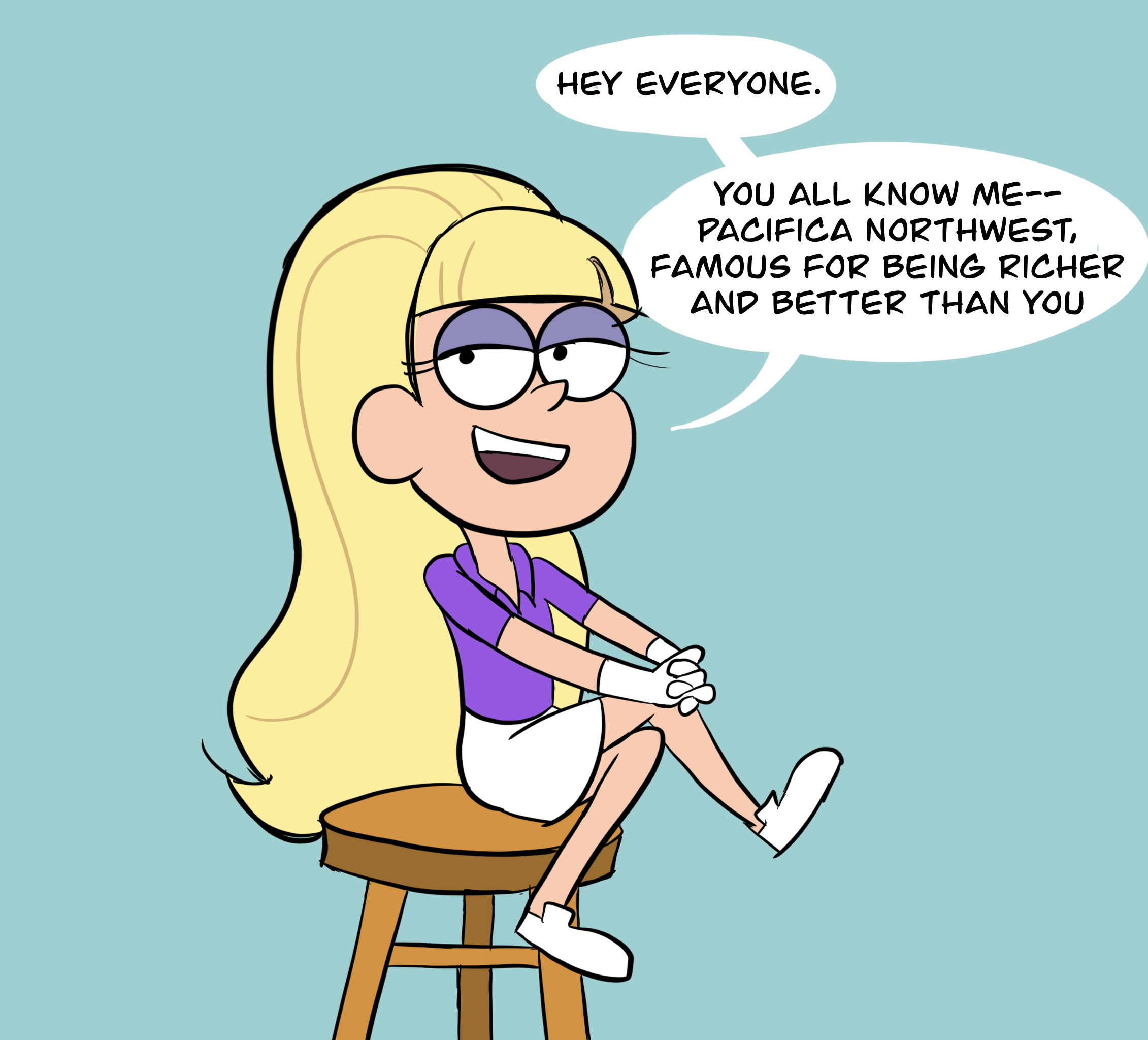 Panel One: Pacifica Northwest sitting on a stool with her legs crossed looking at the viewer. She says, "Hey everyone. You all know me—Pacifica Northwest, famous for being richer and better than you."