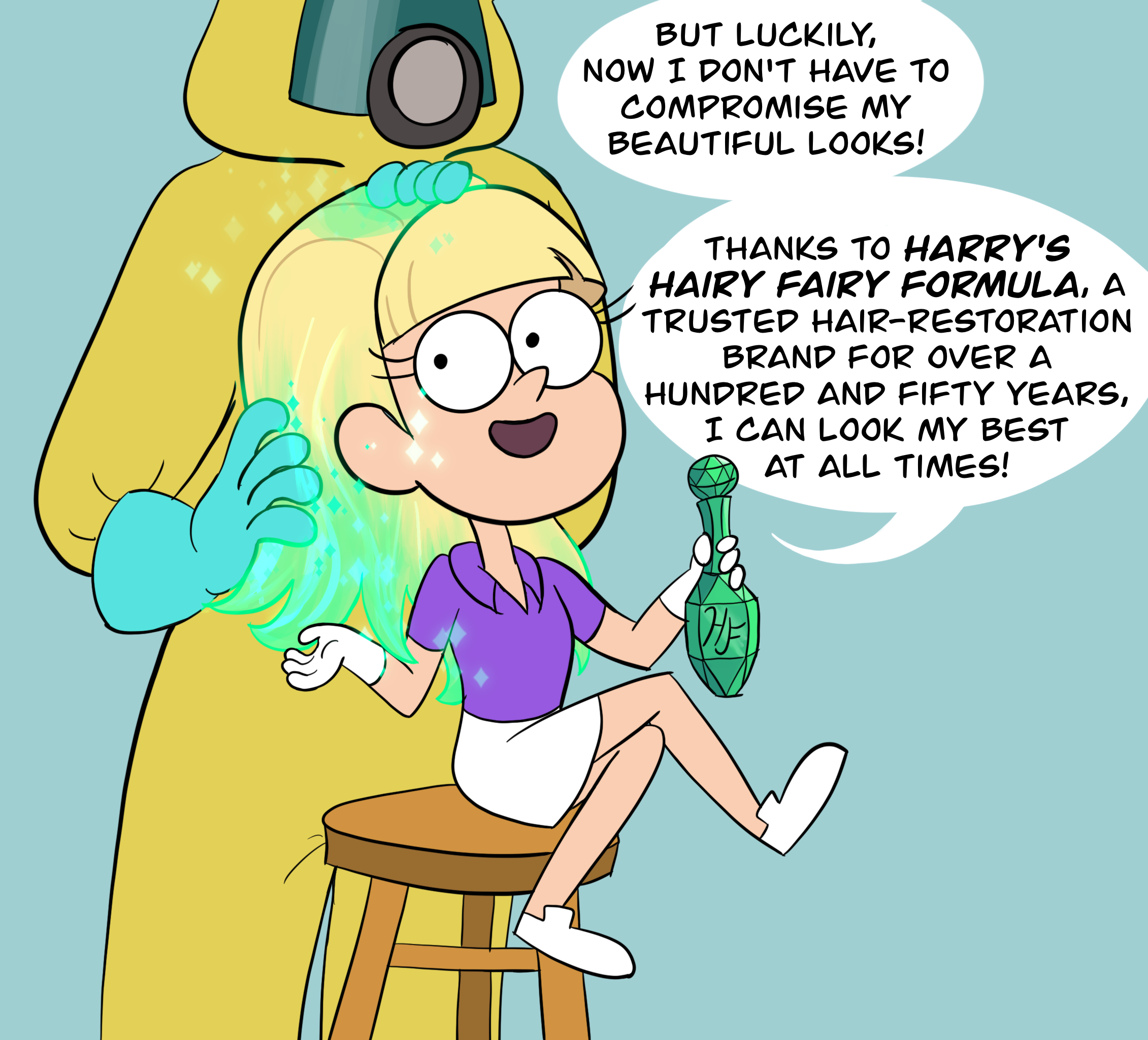 Panel three: Pacifica looking cheerful while somebody in a hazmat suit rubs something green and sparkly into her hair, which is magically growing back out to mid-back length. She's holding a green crystal bottle the same shade as the sparkly substance, and it's labeled "HF." Pacifica says, "But luckily, now I don't have to compromise my beautiful looks! Thanks to HARRY'S HAIRY FAIRY FORMULA, a trusted hair-restoration brand for over a hundred and fifty years, I can look my best at all times!"