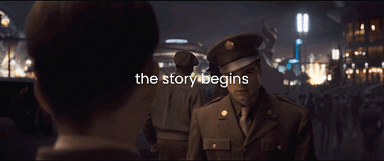a gif of Bucky hugging Steve before he leaves for the war and the text on the gif reads the story begins.