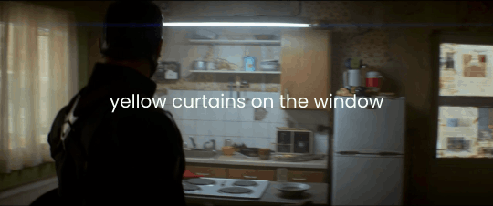 a gif of Steve turning in a slow circle inside of the apartment that Bucky was staying at in Germany and the text on the gif reads yellow curtains on the windows.