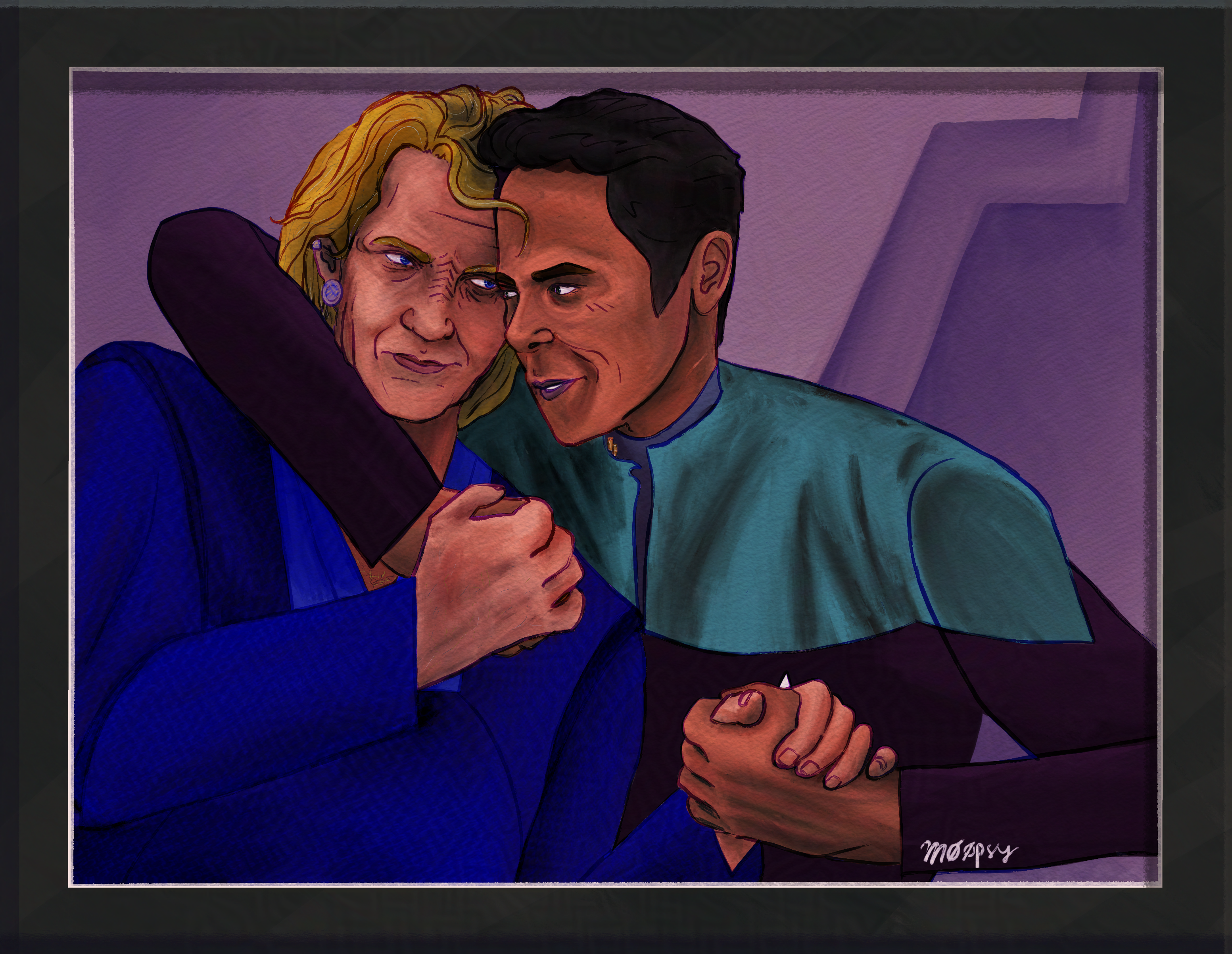 digital watercolor illustration of a photo in a slim black picture frame, showing pela serot, a light-skinned, middle-aged bajoran man, being half-embraced/half held in a loose chokehold by julian bashir, a youthful looking Brown human. the latter wears his starfleet uniform and a confident almost-smirk, while serot wears an affectionate smile, a two-toned deep-blue tunic with a lighter blue yoke around his v-neck collar, and a bajoran earring on his right ear. serot's long dirty blond hair is tied in a low ponytail, and strands of gray are visible both on his head and in the small amount of chest hair that is visible beneath serot and bashir's arms. serot holds both of julian's hands in his own. subtle digital artifacts have been added in the anti-AI-theft glazing process that aren't present in my actual final version of this work. signed, m00psy.