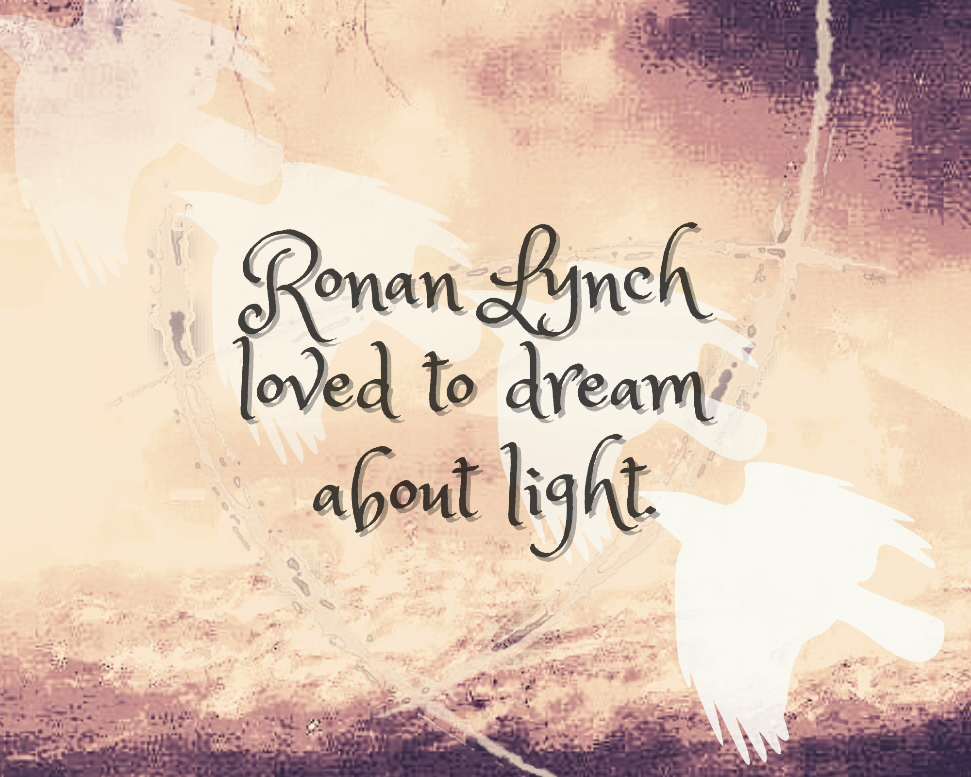 a picture of what looks like exploding fire or light and in the light there is the silhouette of a bird flying from the bottom right corner to the top left and the four copies of the bird grow fainter and fainter and the text in the middle reads Ronan Lynch loved to dream about light.