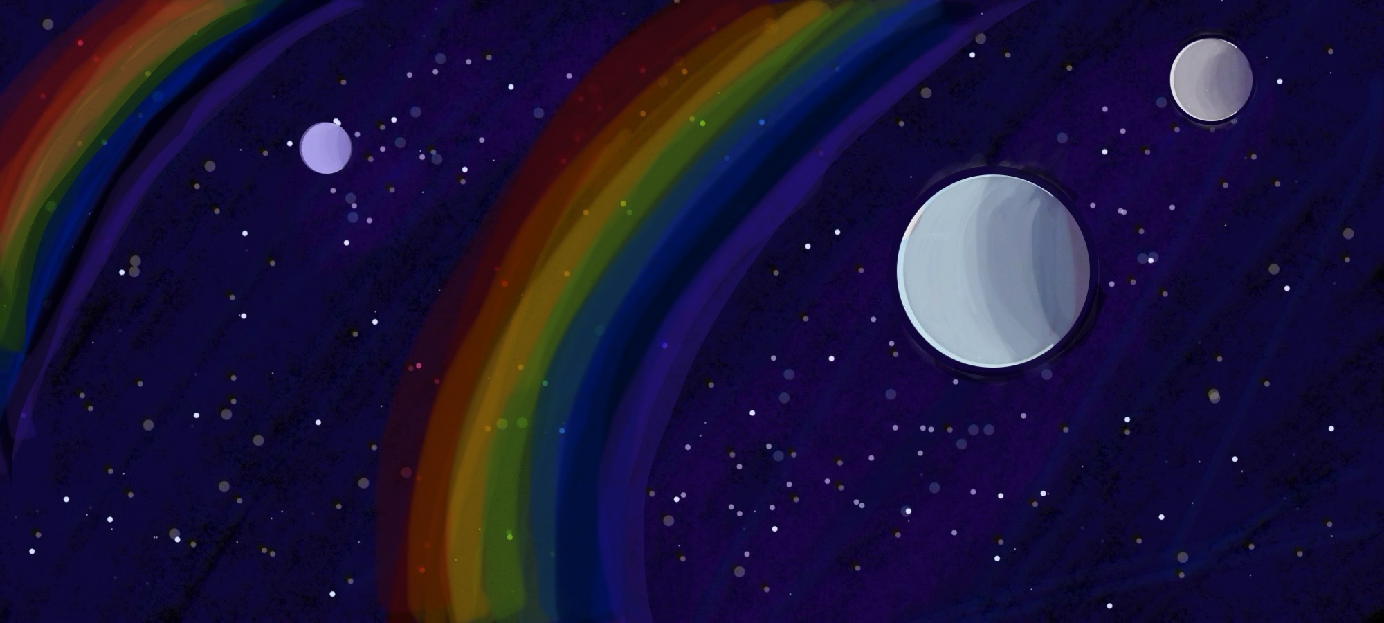 Banner of night sky with three moons and two rainbows.