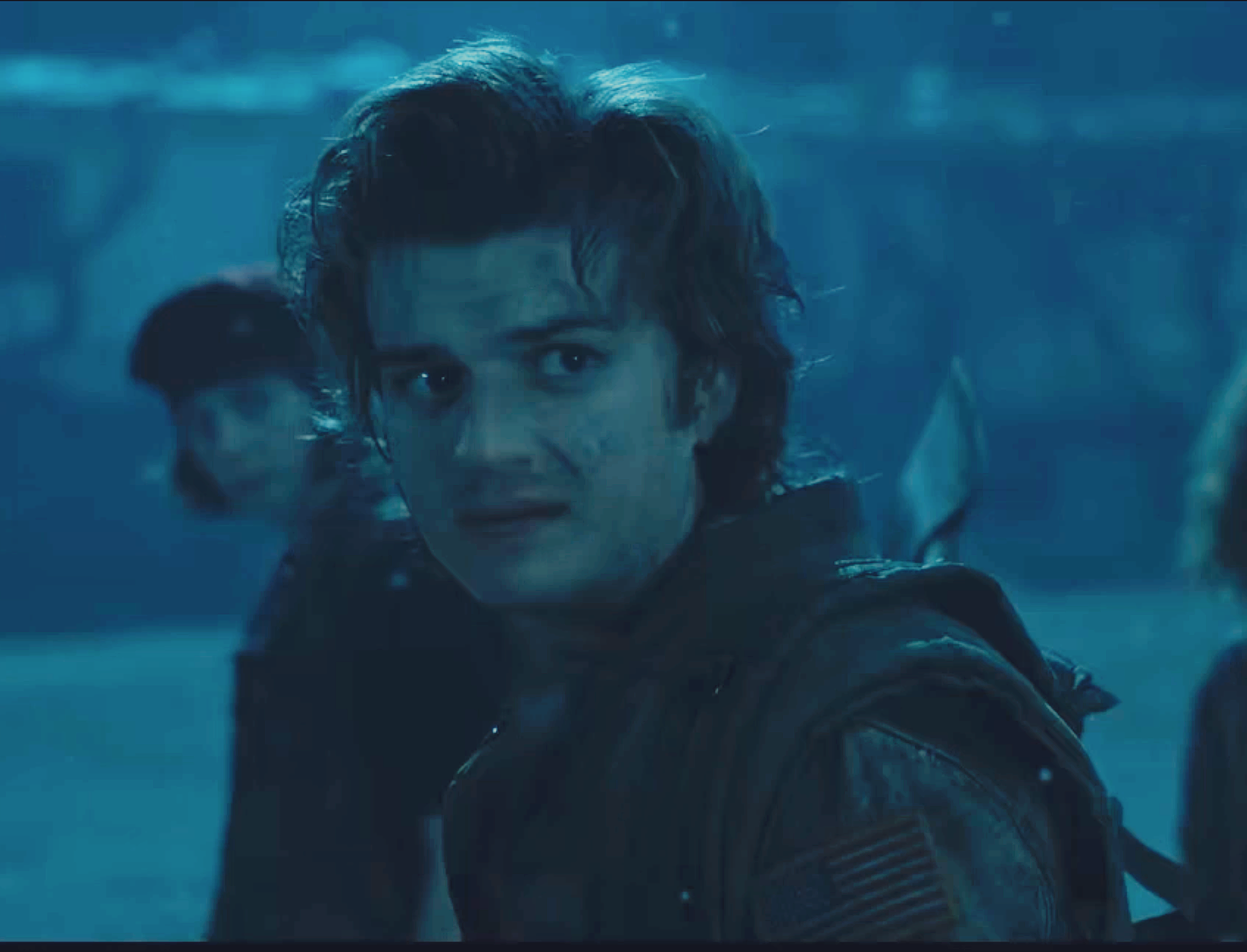 a picture of Steve in the upside down directly after Eddie has said make him pay and he looks upset and serious.