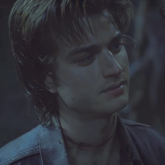 a close up of Steve tilting his head as he stares seriously at Eddie in the upside down while Eddie is talking about true love.