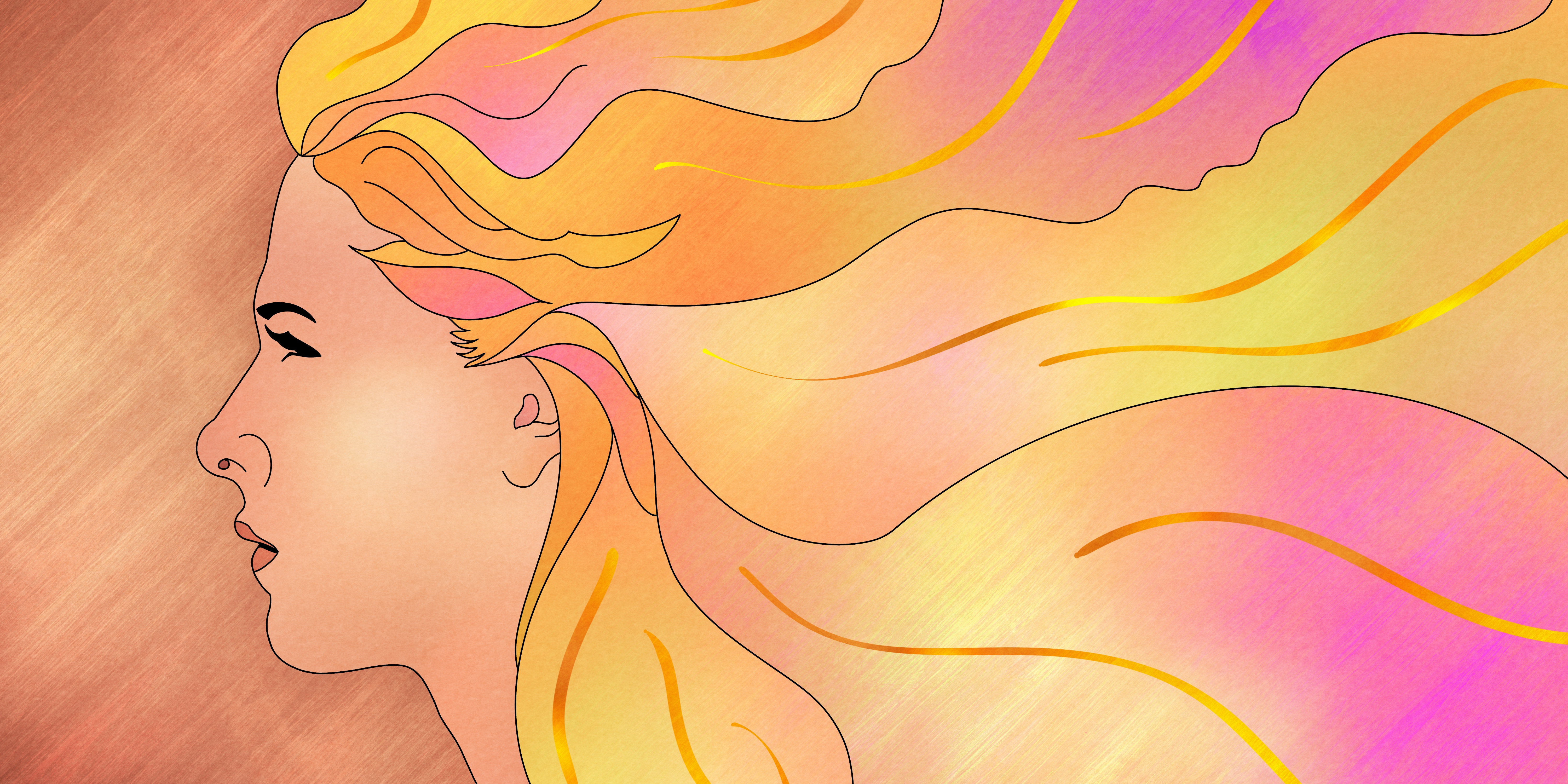 Profile of Buffy Summers, in a simple outline style coloured with metallic pinks yellows and oranges, looking pensive, with her hair flowing out into a huge cloud of colour behind her,