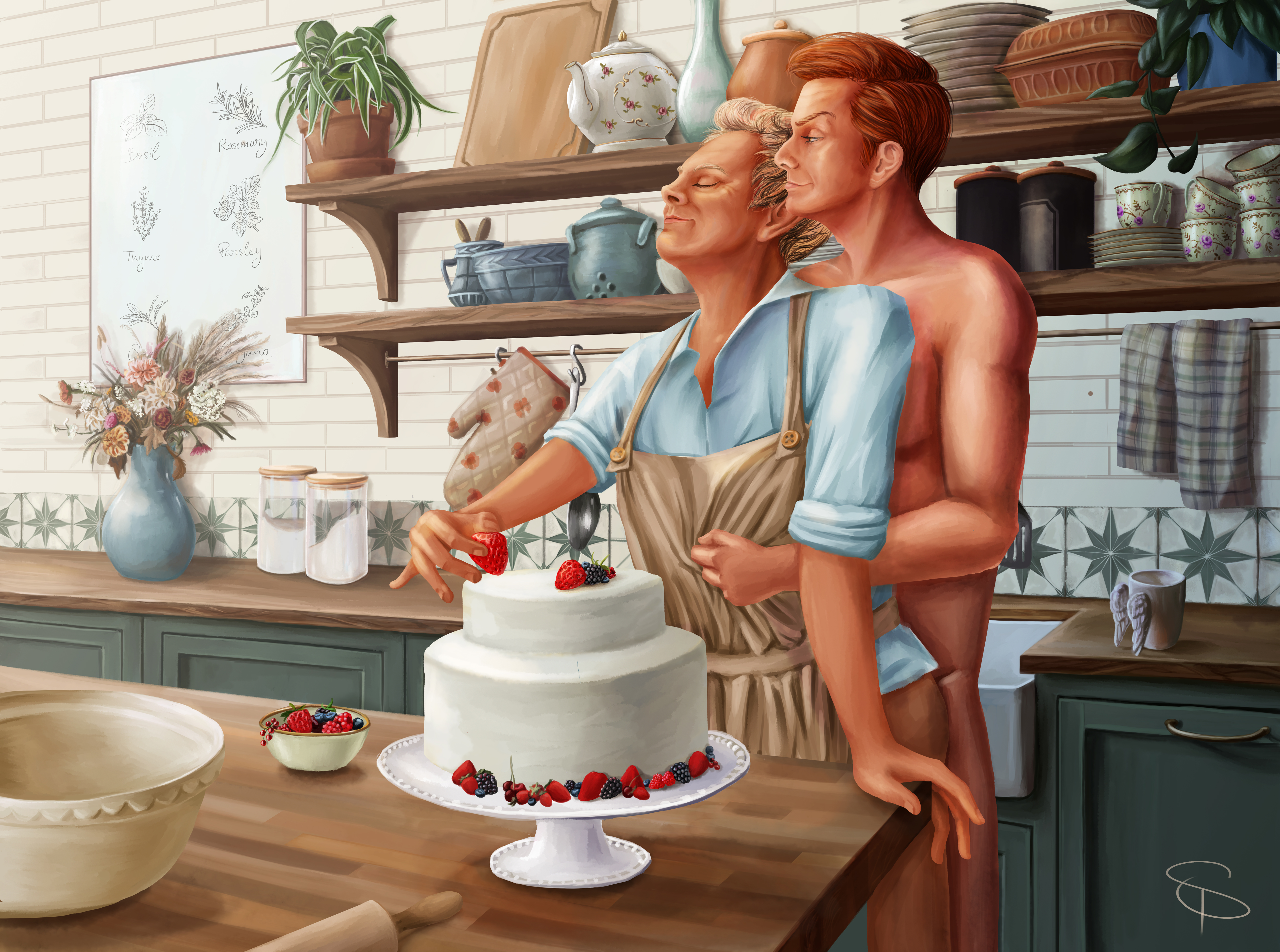 art of Aziraphale and Crowley being intimate in the kitchen by Carnivalofvanity