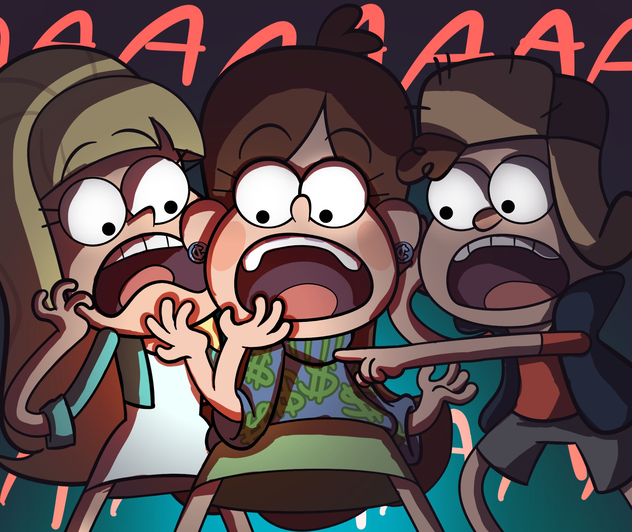 Doodles of Pacifica Northwest, Mabel Pines, and Dipper. (Mabel is wearing a blue sweater covered in green dollar signs.) All three of them are staring at Mabel's right hand—which has sprouted a second hand—and screaming.