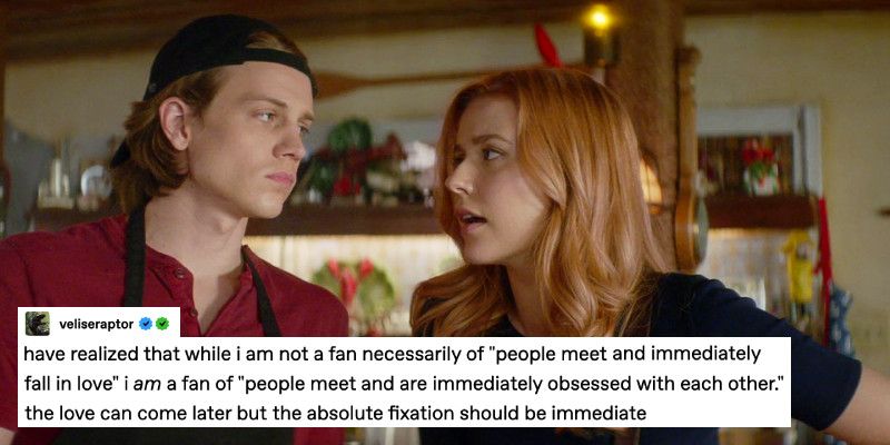 Screenshot of Nancy Drew 105, The Case of the Wayward Spirit. Ace and Nancy are standing close together in the Claw dining room, leaning back against the bar, their heads turned to look at each other. A text post over top from tumblr user veliseraptor reads: have realized that while i am not a fan necessarily of people meet and immediately fall in love i am a fan of people meet and are immediately obsessed with each other. the love can come later but the absolute fixation should be immediate