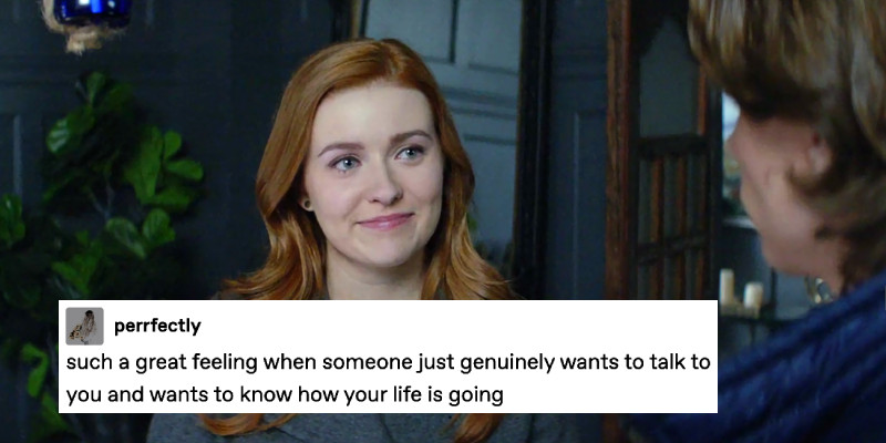 Screenshot of Nancy Drew 118, The Clue in the Captain’s Painting. Nancy and Ace are in Owen’s apartment just after his murder. Nancy is smiling at Ace, a soft look on her face. A text post over top from tumblr user perfectly reads: such a great feeling when someone just genuinely wants to talk to you and wants to know how your life is going