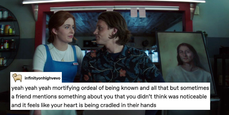 Screenshot of Nancy Drew 209, The Bargain of the Blood Shroud. Nancy and Ace are in the Claw kitchen, Ace seated working on his laptop and Nancy standing close to him . They’re looking at each other, Nancy with a smug smile and Ace clearly trying to keep a smile off his face. A text post overtop from tumblr user infinityonhighvevo reads: yeah yeah mortifying ordeal of being known and all that but sometimes a friend mentions something about you that you didn't think was noticeable and it feels like your heart is being cradled in their hands
