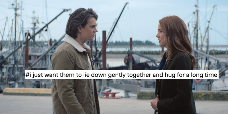 Screenshot of Nancy Drew 301, The Warning of the Frozen Heart. Ace is speaking to Nancy outside the waterfront warehouse, comforting a visibly upset Nancy after she told him about her rejection letter from Columbia. A screenshot of an unattributed tumblr tag over top reads: #i just want them to lie down gently together and hug for a long time