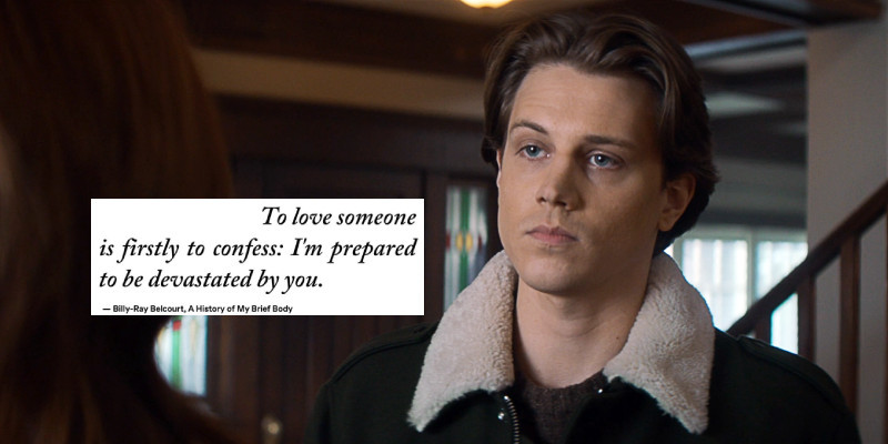 Screenshot of Nancy Drew 311, The Spellbound Juror. Ace is standing in the Drews’ kitchen, about to confess to Nancy that he has feelings for her. A screenshot of a quote from A History of My Brief Body by Billy-Ray Belcourt reads: To love someone is firstly to confess: I’m prepared to be devastated by you.