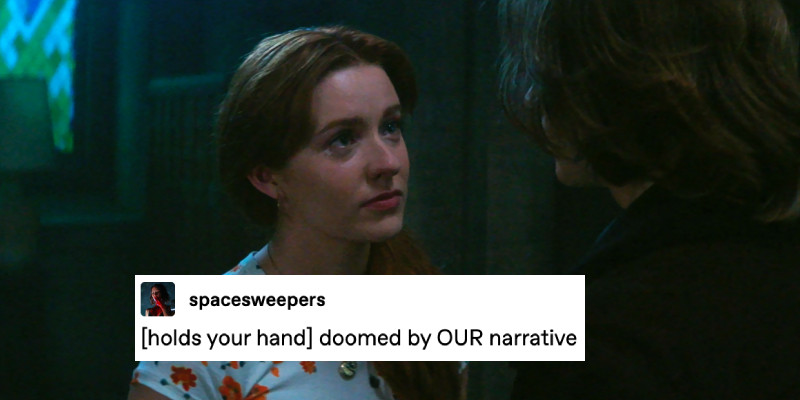 Screenshot of Nancy Drew 401, The Dilemma of the Lover’s Curse. Nancy stands in a darkened Icarus Hall, looking up at Ace, tears in her eyes, just after she told him that they’re cursed. A text post over top from tumblr user spacesweepers reads:[holds your hand] doomed by OUR narrative