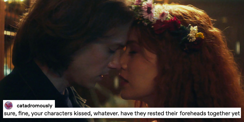 Screenshot of Nancy Drew 401, The Dilemma of the Lover’s Curse. Ace and Nancy stand in the lockbox room of the Historical Society during the Lovers’ Vigil, their eyes closed and foreheads pressed together. A text post over top from tumblr user catadromously reads: sure, fine, your characters kissed, whatever. have they rested their foreheads together yet