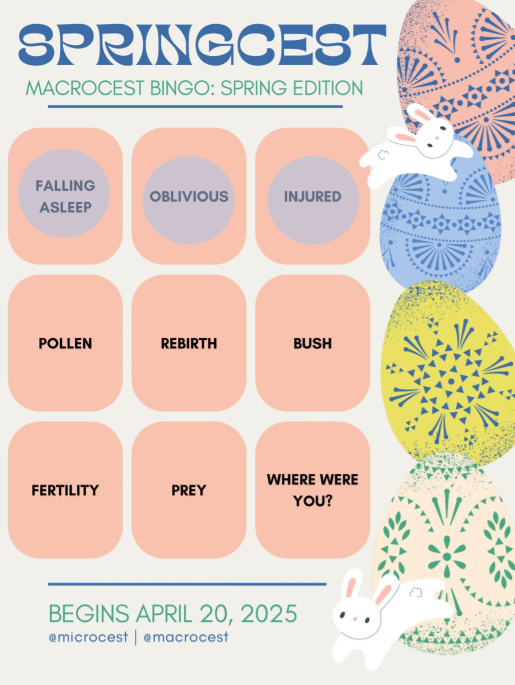 Pink Springcest bingo card with the prompts 'falling asleep', 'oblivious', and 'injured' crossed off