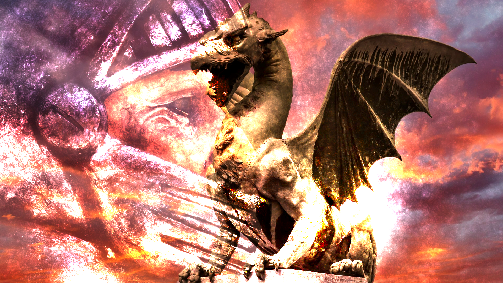 A close up of a knight staring down a dragon, blended using linear dodge.
