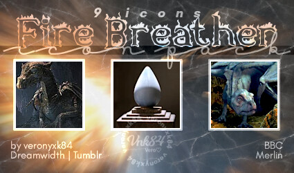 Fire Breather - Icon Pack Cover - Displays 3 icons as preview with the dragons Kilgharrah and Aithusa from the TV Show BBC Merlin - Blurred dragon image as background and texts reading 9 icons, Fire Breather, icon pack