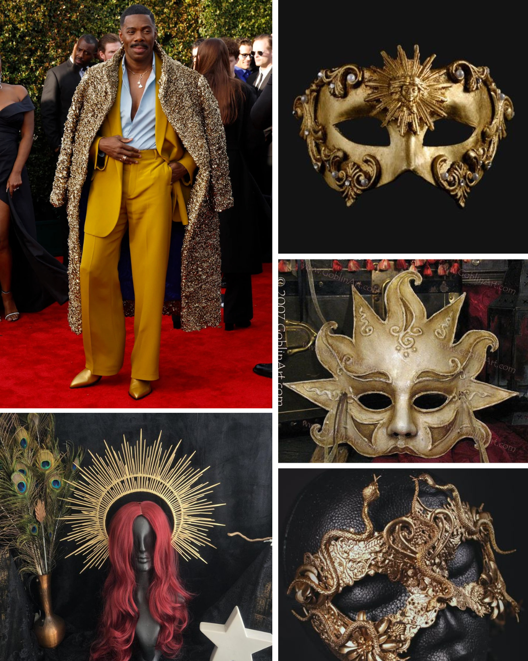 a collage of 5 photos: one of Colman Domingo in a mustard yellow suit and light blue shirt, 3 images of golden masks, mostly in the Venetian style, and 1 photo of a halo-style crown of golden sun rays, modelled by a mannequin head