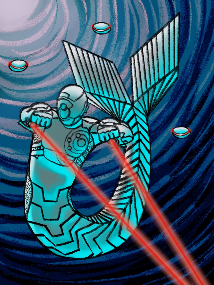 Murderbot with a long mechanical tail and three drones, firing arm lasers underwater.