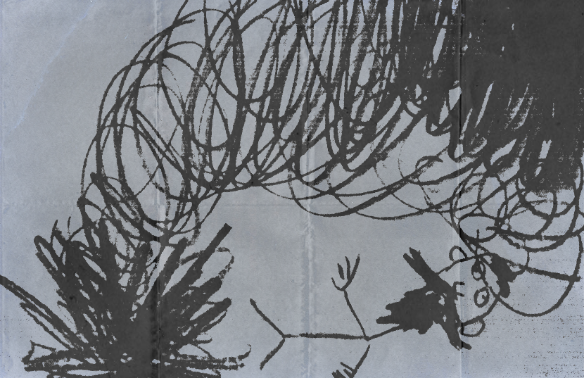 A child's drawing of smoke attacking a stick figure lying on the ground who has a big mustache and beard.