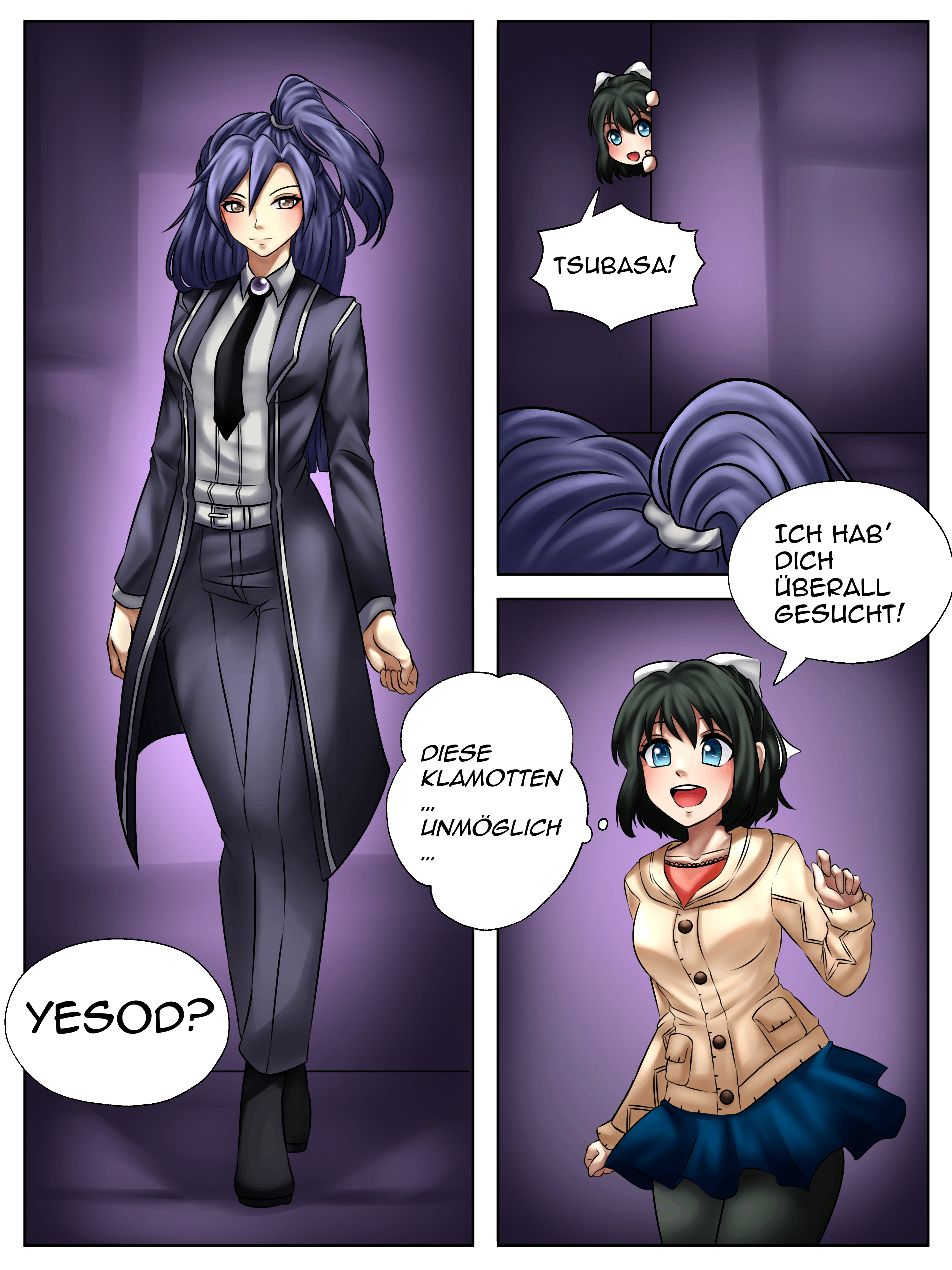 Page 2. Couleur. Trois cases. Miku voit Tsubasa au loin. Heureuse, elle entre dans le bureau mais elle remarque alors que Tsubasa porte les vêtements de Yesod. Ses yeux sont aussi de la même couleur que les siens, bruns, plutôt qu’indigo. (Dialogue) Tsubasa! Je t'ai cherché partout! (Pensées) Ces vêtements... Ce n'est pas possible... (Dialogue) Yesod?