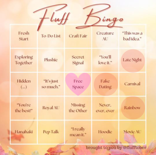 Flufftober Bingo card with the free space crossed off alongside the prompts 'fake dating', 'rainbow', and 'late night'