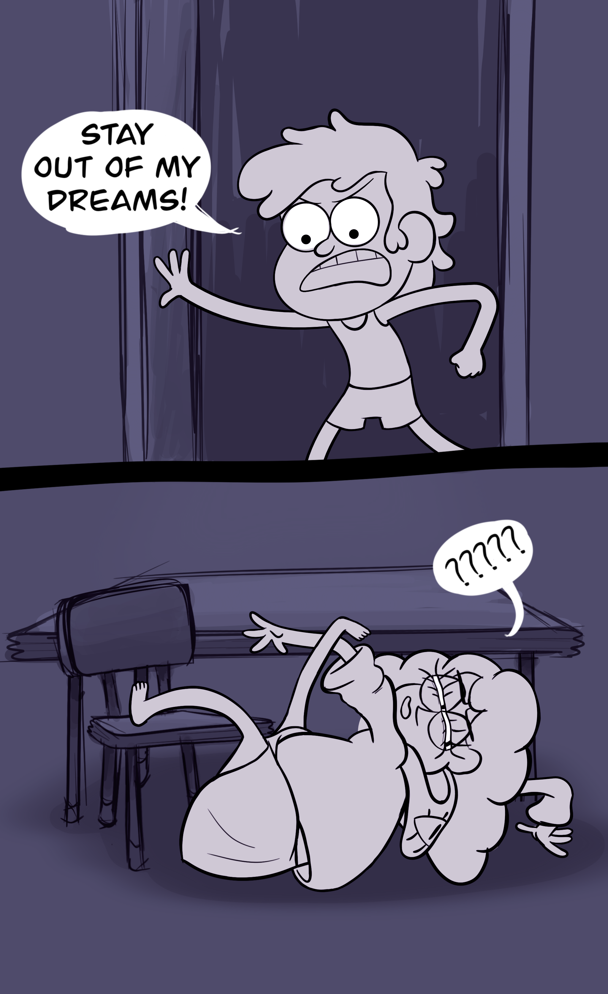 Two panels in dark blue to suggest they're happening at night. Panel one: Dipper Pines in pajamas, standing in a doorway, angrily saying "Stay out of my dreams!" Panel two: human Bill Cipher sprawled awkwardly on the ground with one foot up on a chair and one arm up on a table, twisted around to squint backwards over his shoulder and say "?????"
