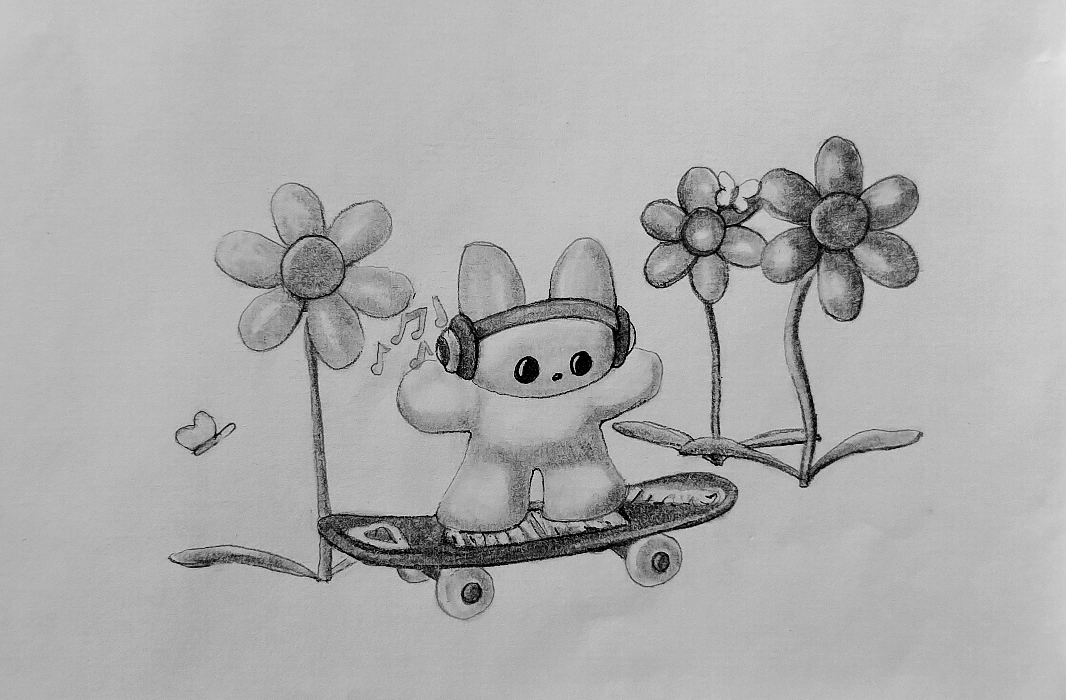 Bunini is on a skateboard. He is wearing headphones. Flowers and butterflies are present.