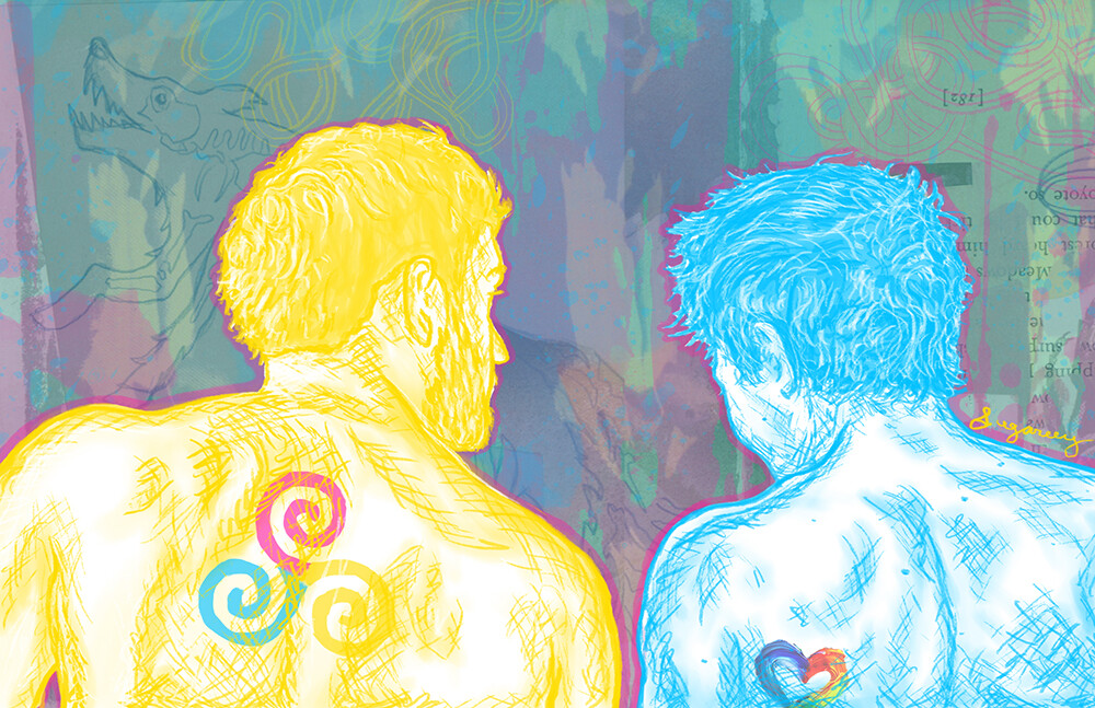 Derek Hale stands on the left without a shirt and with a view of his back. His triskelion tattoo is in yellow with a pink, yellow and blue. Stiles Stilinski stands to the right, outlined in turquoise without a shirt and with a view of his back. He has a rainbow heart painted on his skin on the left side of his back.