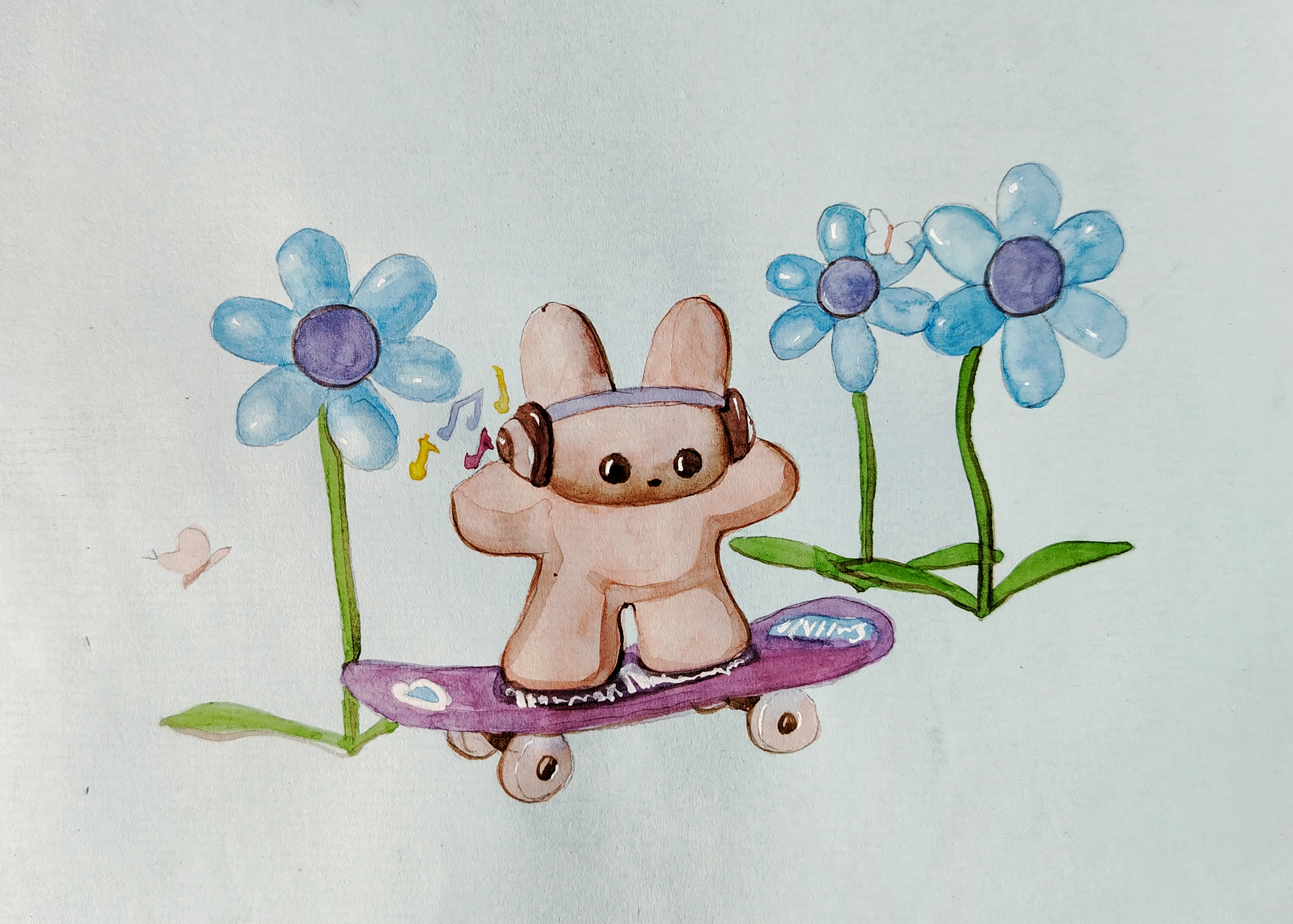 Bunini is on a skateboard. He is wearing headphones. Flowers and butterflies are present.