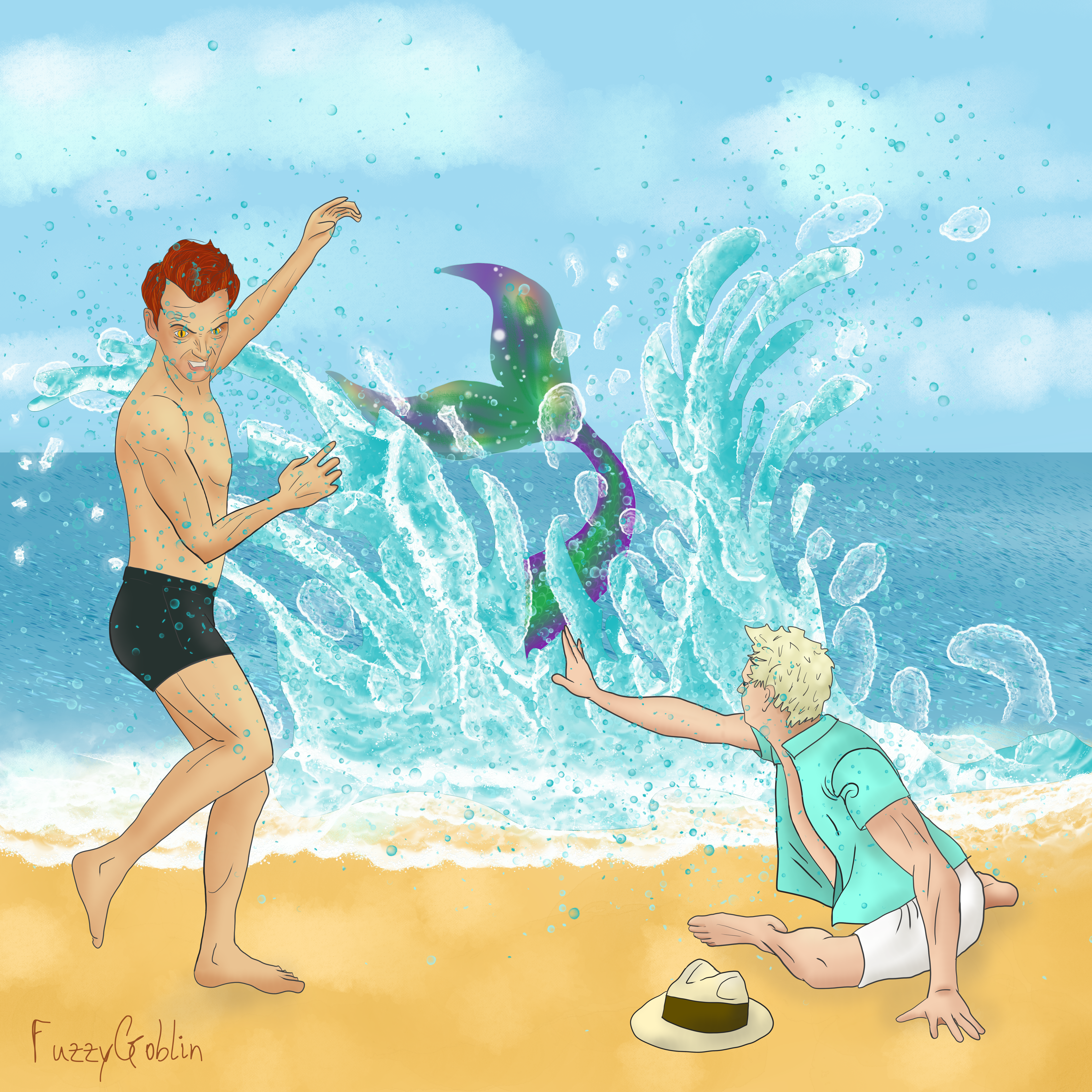 Aziraphale and Crowley at the beach being splashed by a wave made by a brightly coloured mermaid tail. 