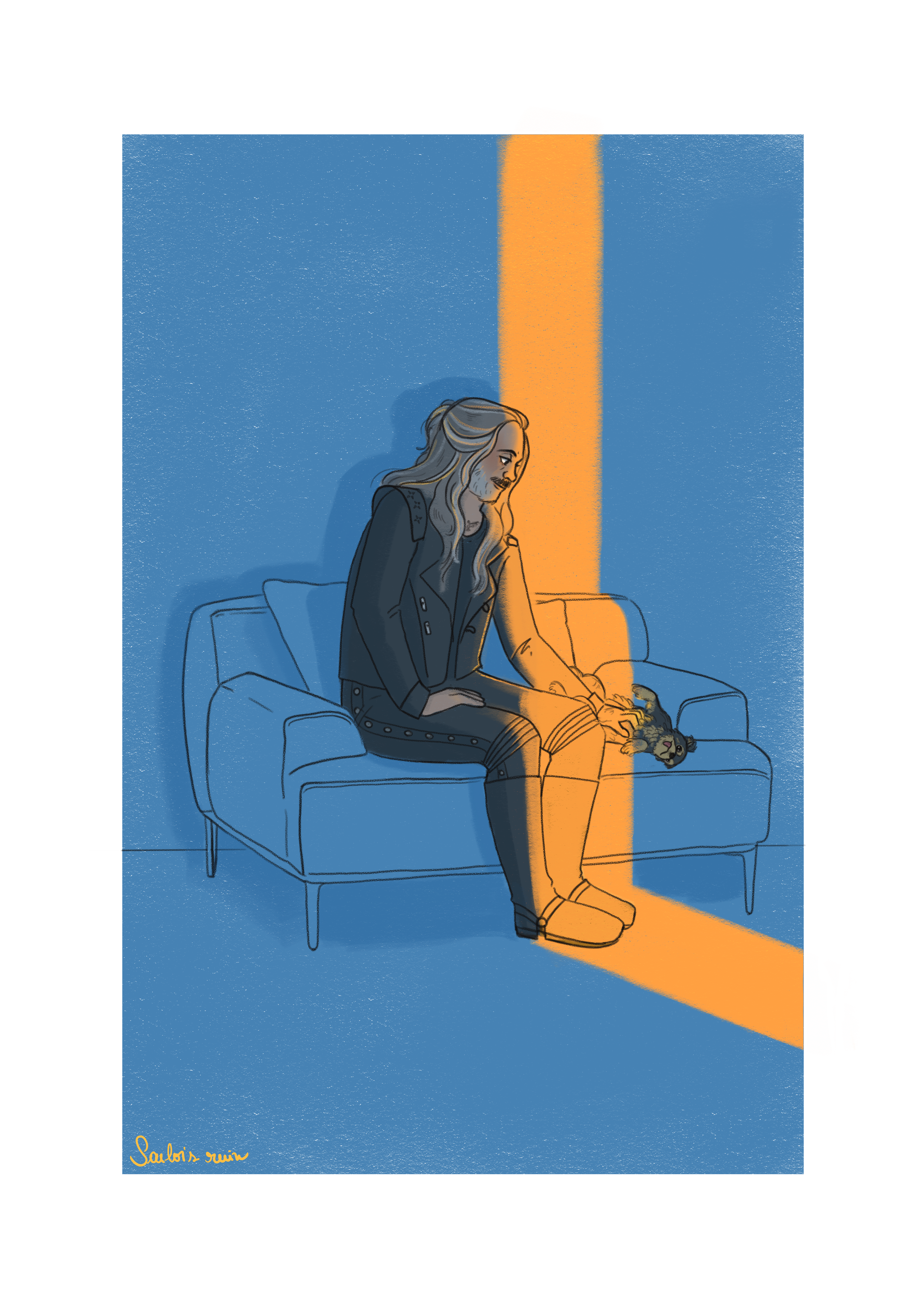 Ed and Stede from OFMD. Ed is sitting on a wide chair with his his left hand skritching Dizzy the chihuahua's belly. He's in leathers with this hair half up. The room is darkened and in a blue shade. Ed and Dizzy are partially lit in a wedge of orange light from the door.