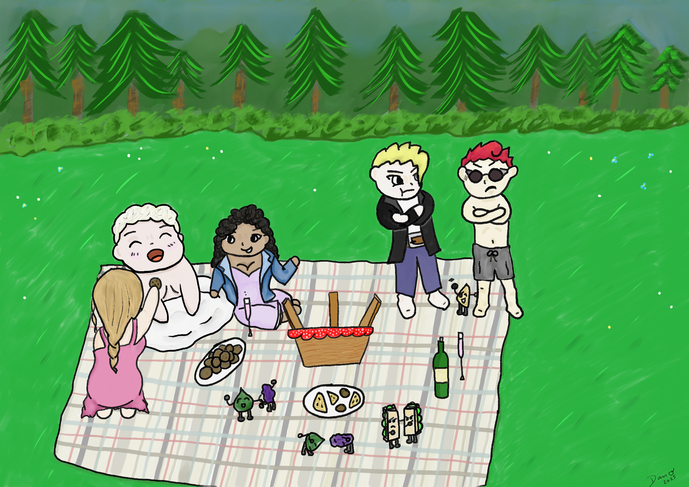Aziraphale and Crowley having a picnic with anthropomorphic food and they are shirtless. Nina and Maggie are feeding Aziraphale while Crowley and another character grumpily watch on. 