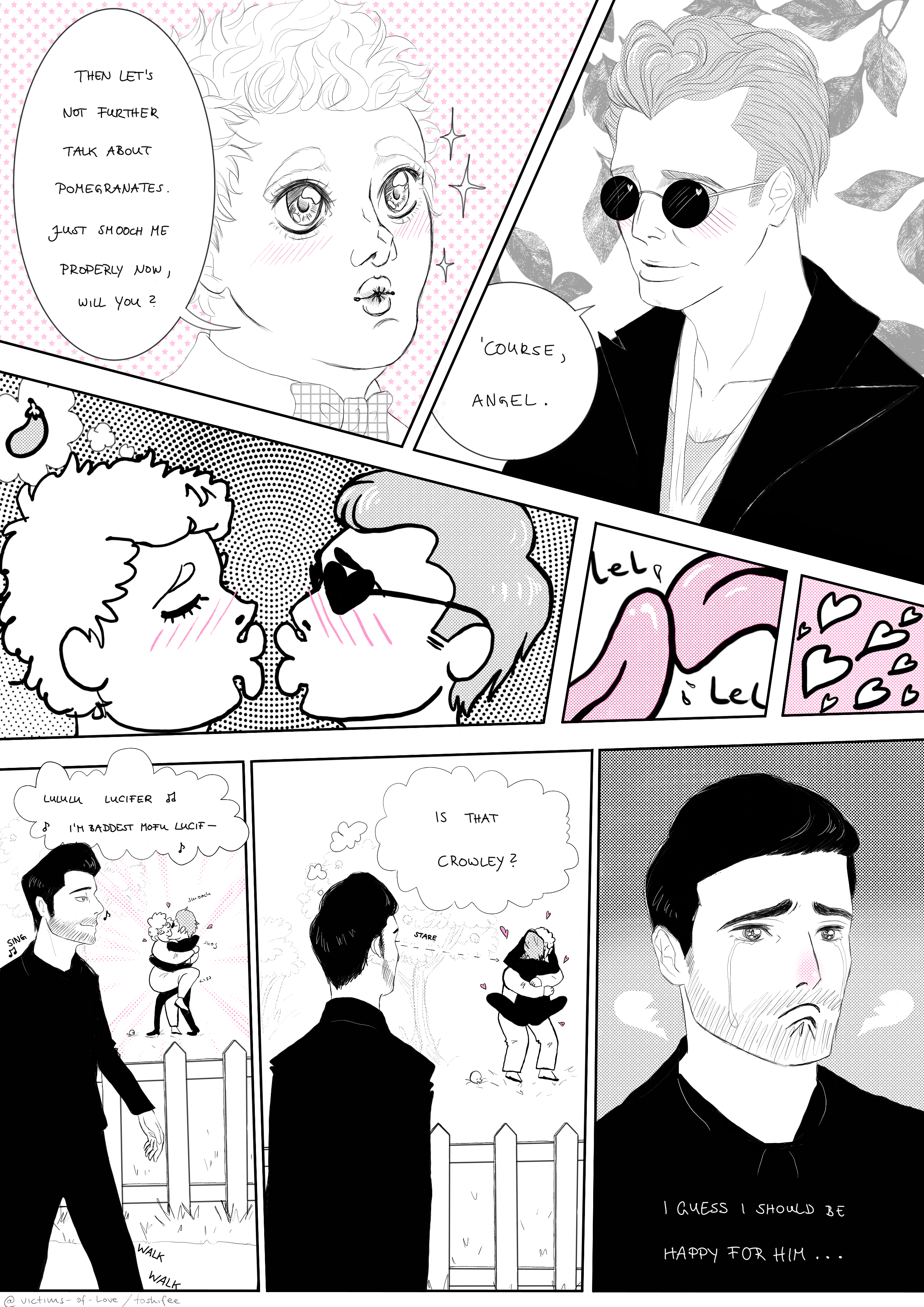 Comic book style page where Aziraphale tells Crowley to forget the pomegranates and kiss him. They make big smooches together and Lucifer looks on, wishing he could join them but left out entirely. 