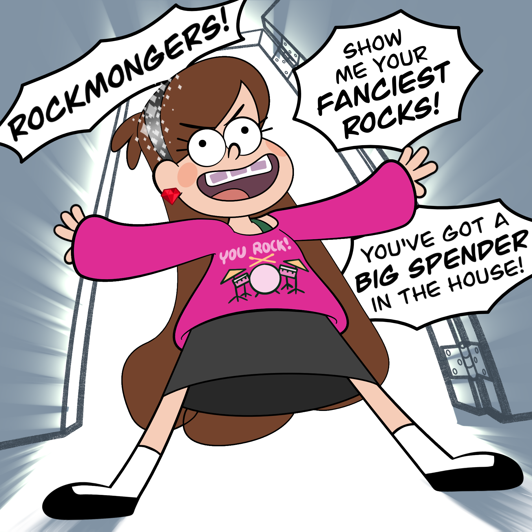 A dramatic shot framing Mabel Pines in an open doorway with sunlight spilling in behind her, feet spread wide, arms flung out, with a triumphant but goofy smile. She's wearing a pink sweater that says "You rock!" over a drum kit. She's saying: "ROCKMONGERS! Show me your FANCIEST ROCKS! You've got a BIG SPENDER in the house!"