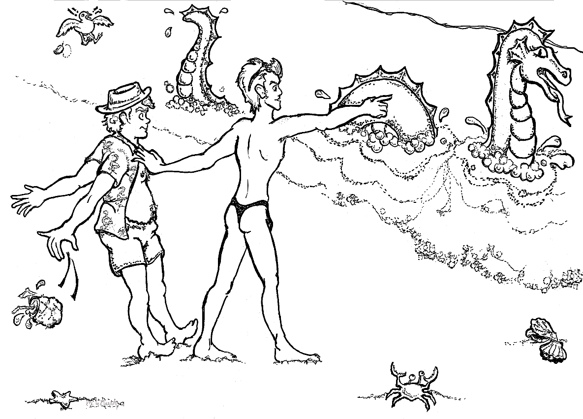 Aziraphale and Crowley at the beach with the Loch Ness Monster in the ocean. 