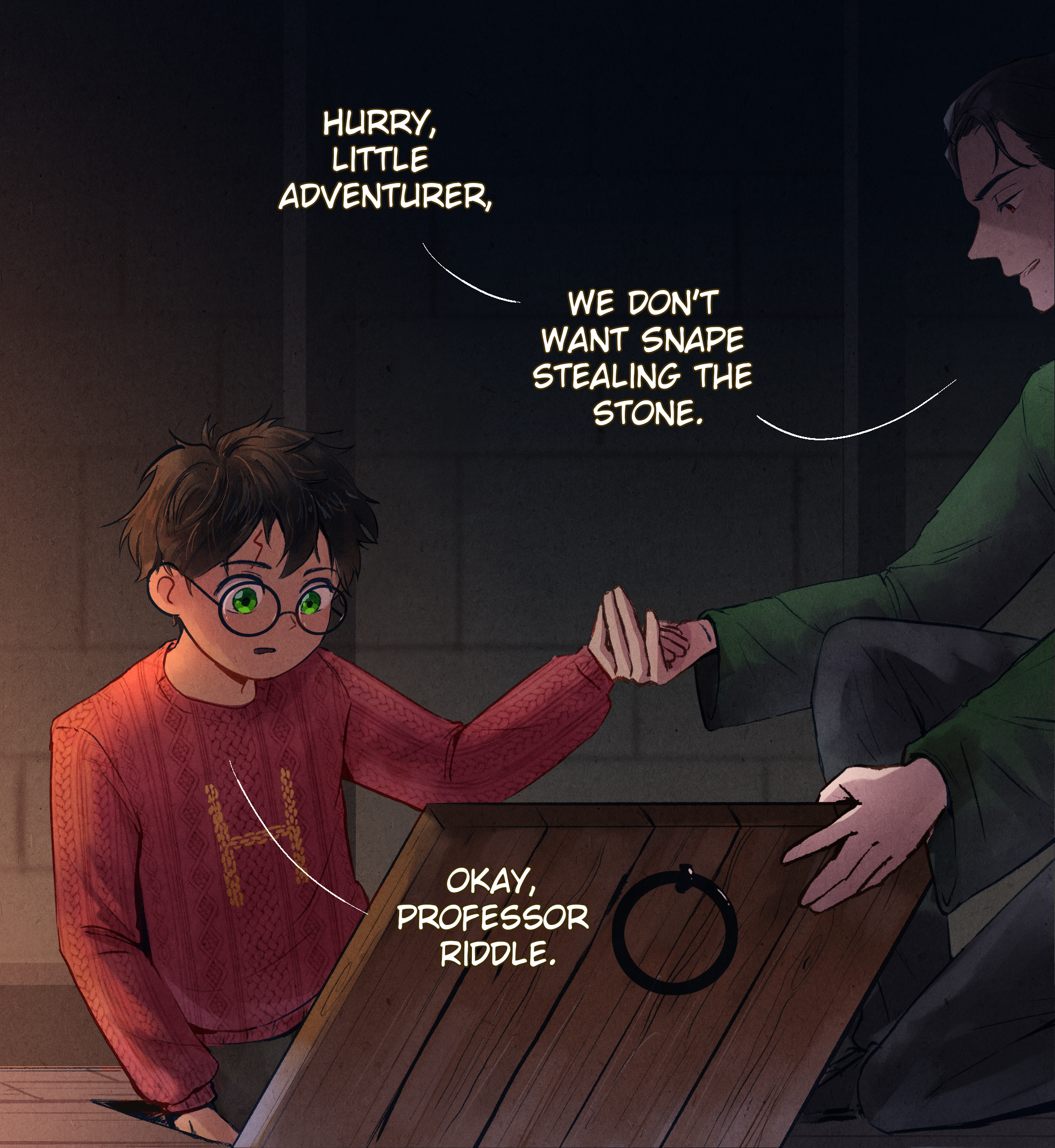 First-year Harry being led beneath a trapdoor by a Tom Riddle-looking Voldemort